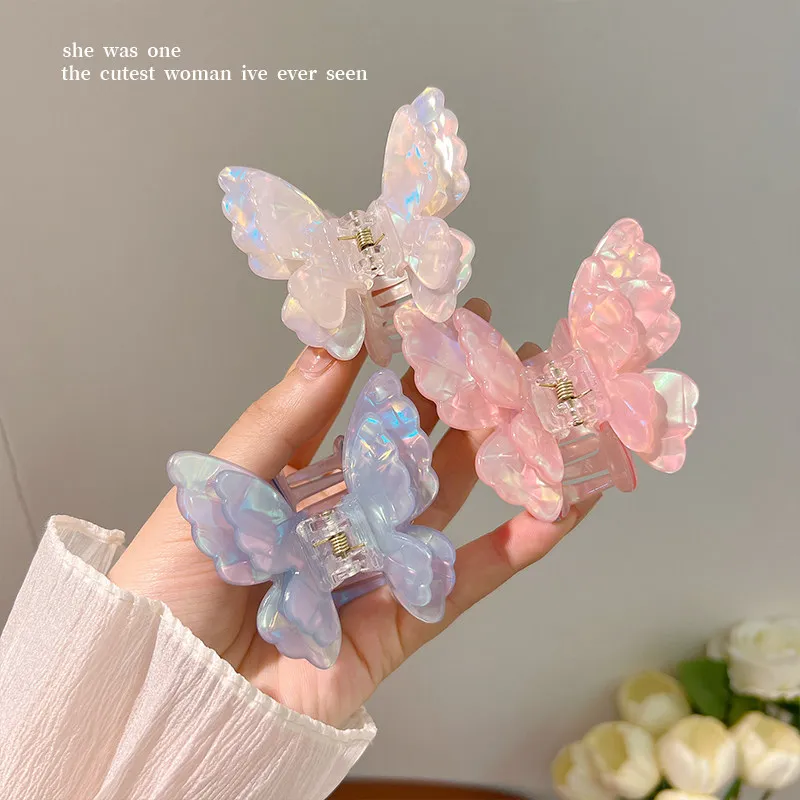 Holographic Double-Layer Butterfly Claw Clip for Women – Acetate Half-Up Hair Jaw Clip, Ethereal Premium Hair Accessory with Iridescent Shine
